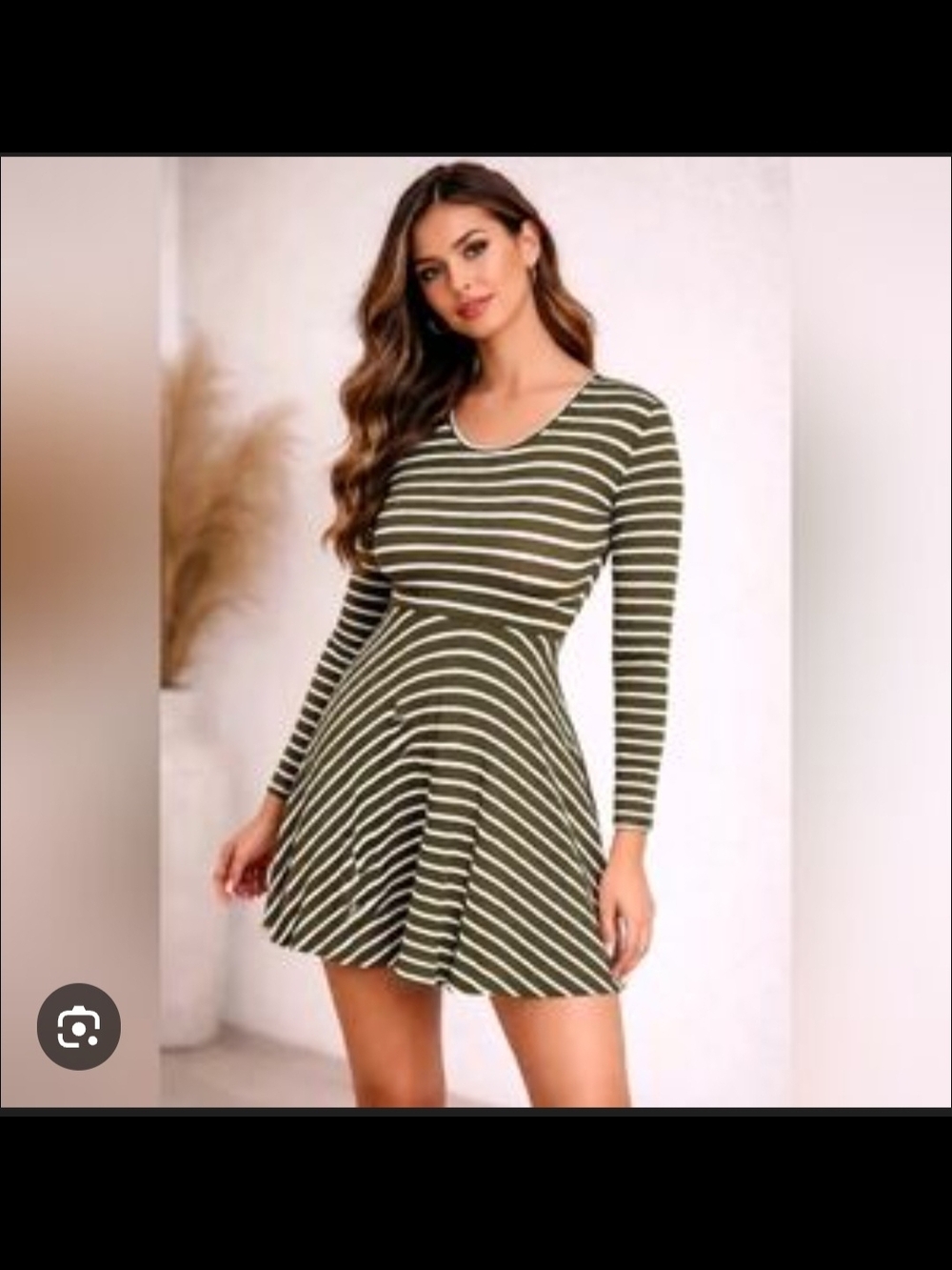 Charlotte Russe Olive Green & White Striped Long-Sleeve Fit-and-Flare Dress